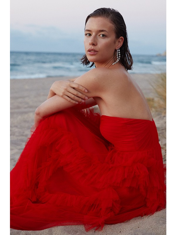 Neon Kırmızı Kalp Yaka Tül Uzun Abiye Elbise resmi