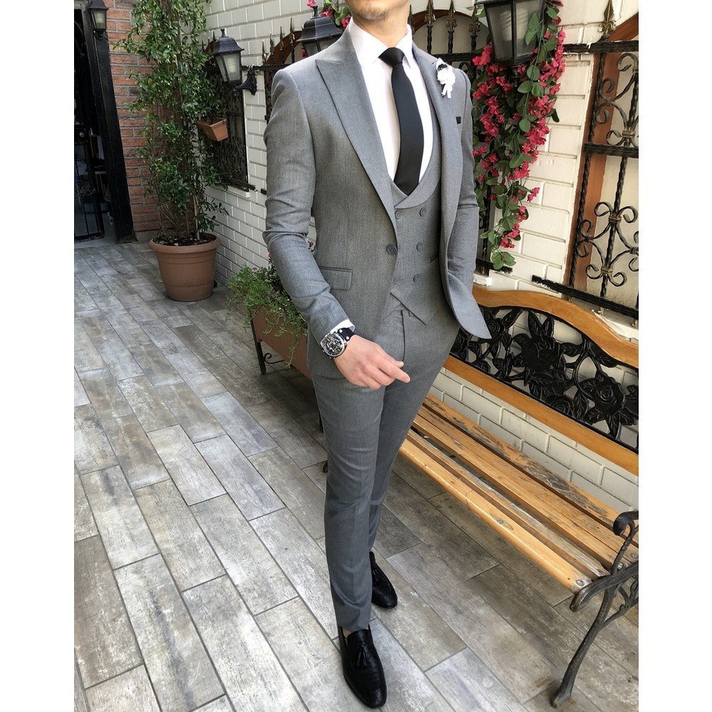 İtalyan Stil Slim Fit Ceket Yelek Pantolon Gri Takım Elbise resmi